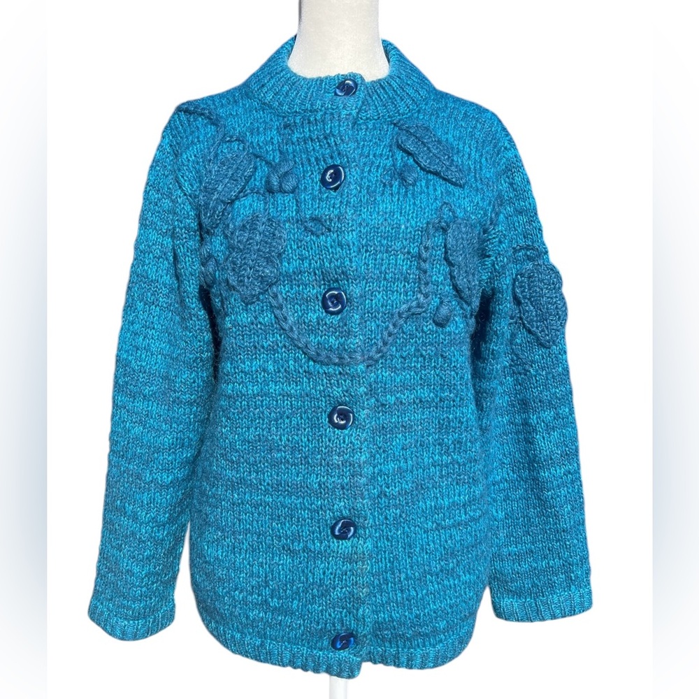 Chunky Artisan Nordic Granny Hand Knit Blue-Teal Cozy Cabin Cardigan Sweater